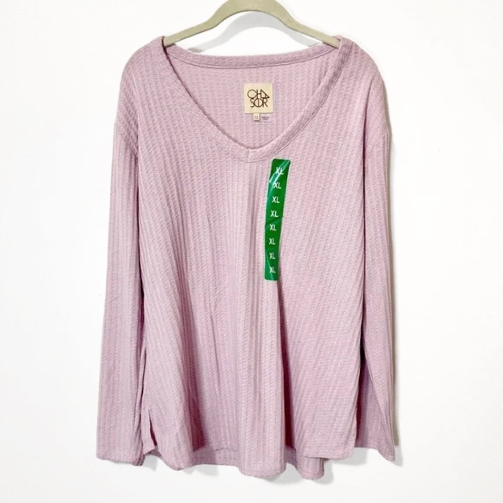 Chaser Lavender Waffle Weave Long Sleeve V-Neck Top Size Extra Large NWT